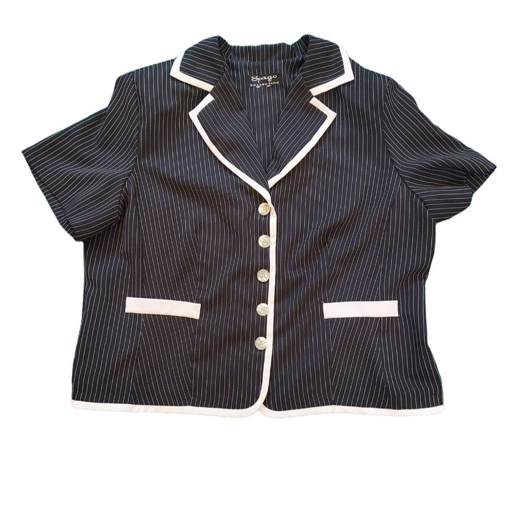 Spago Collection Women's Black White Pin Stripe Pattern Blazer Jacket EUC